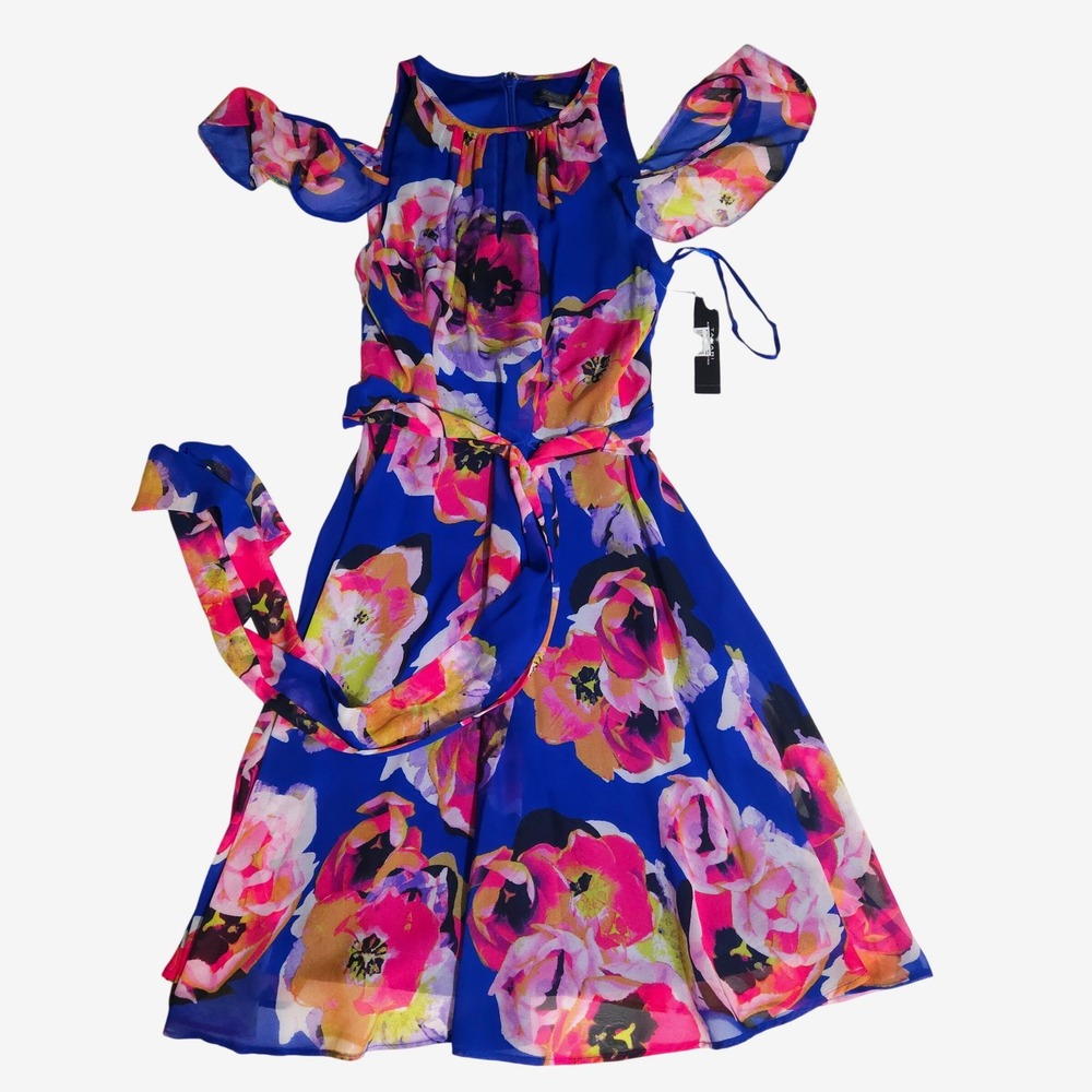 Tahari Arthur S Levine Floral Chiffon Cold Shoulder Dress Blue Pink Size 6 NWT